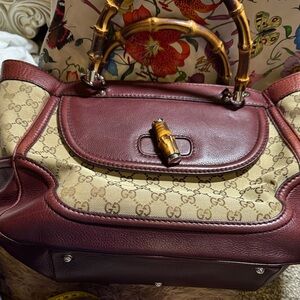 Gucci Maroon and Tan Bamboos HandBag